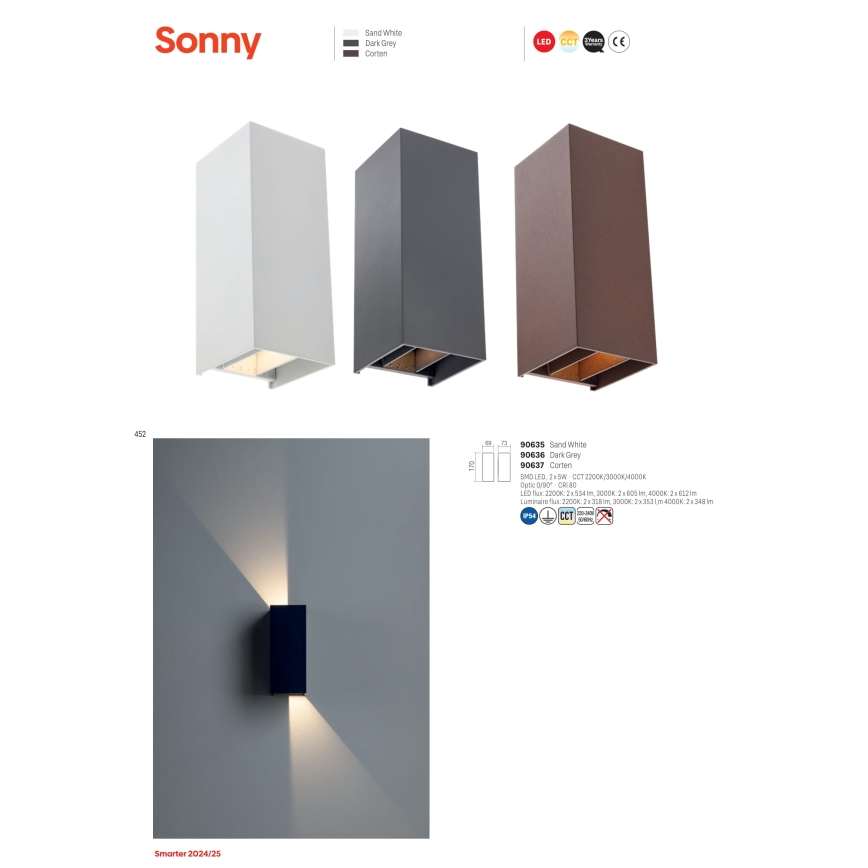 Redo 90637 - LED Екстериорен аплик SONNY 2xLED/5W/230V 2200/3000/4000K IP54 кафяв