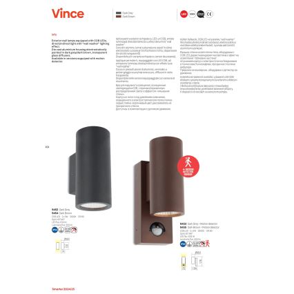 Redo 9453 - LED външно стенно осветително тяло със сензор VINCE 2xLED/3W/230V IP54 антрацит