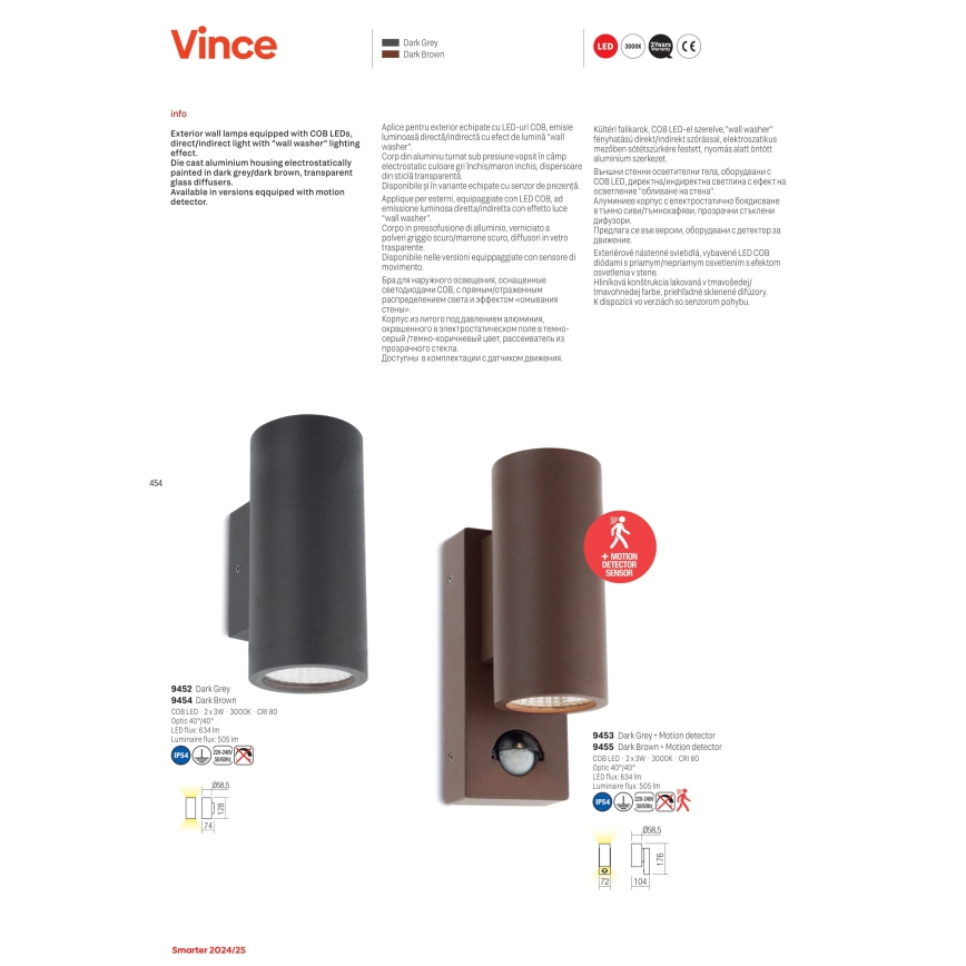 Redo 9455 - LED външно стенно осветително тяло с вграден сензор VINCE 2xLED/3W/230V IP54 кафяво