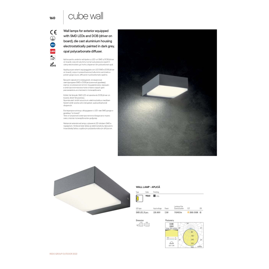 Redo 9560 - LED Екстериорен аплик CUBE LED/7W/230V 3000K IP54 антрацит