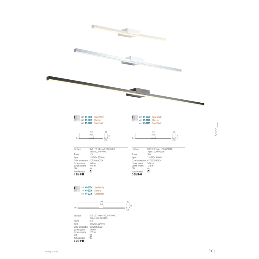 Redo01-3270 - LED Лампа за огледало в баня ASTON LED/12W/230V 60 см CRI 90 IP44 черен
