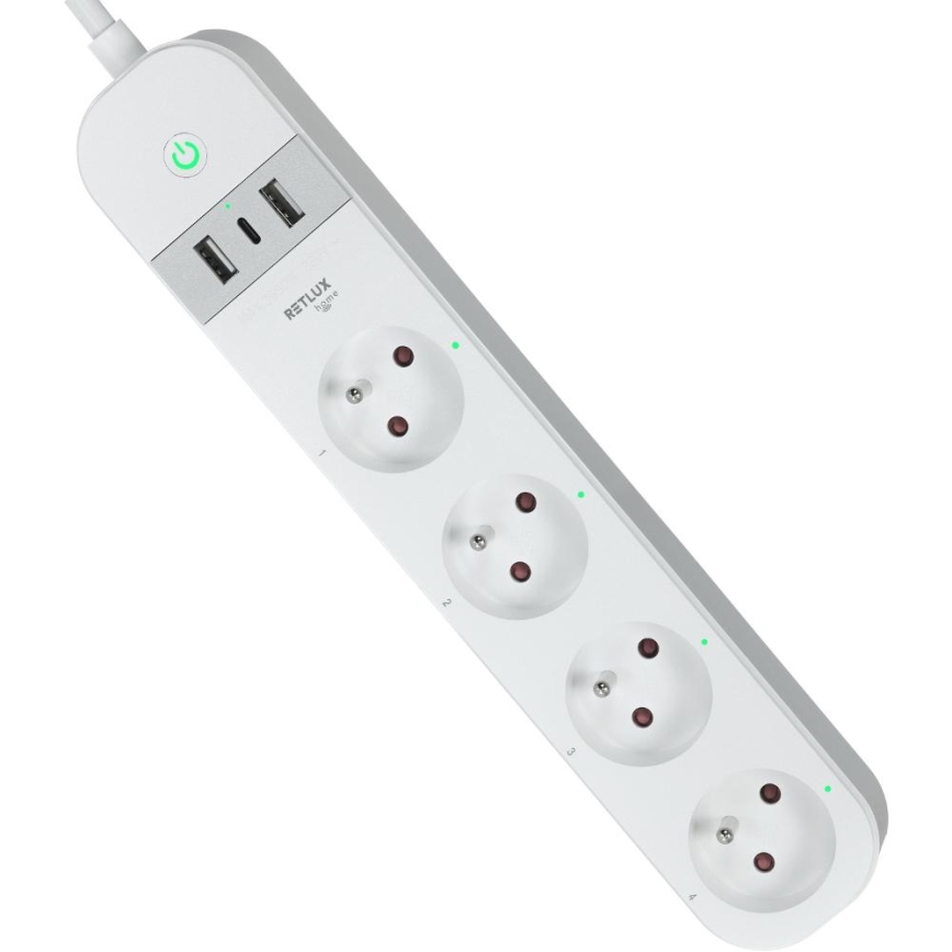 Интелигентен разширение кабел с превключвател 4Z Тип E + 2x USB-A + 1x USB-C 1,5m Wi-Fi Tuya бял