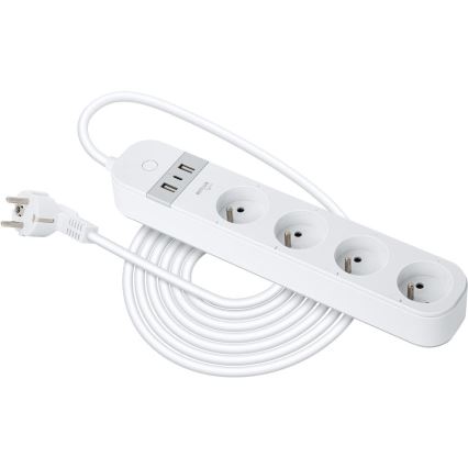 Интелигентен разширение кабел с превключвател 4Z Тип E + 2x USB-A + 1x USB-C 1,5m Wi-Fi Tuya бял