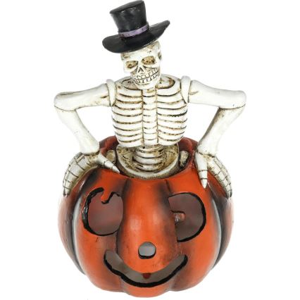 LED Декорация HALLOWEEN LED/2xLR44/топло бял скелет в тиква смола