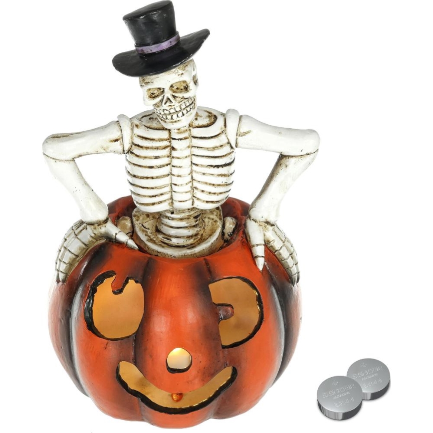 LED Декорация HALLOWEEN LED/2xLR44/топло бял скелет в тиква смола
