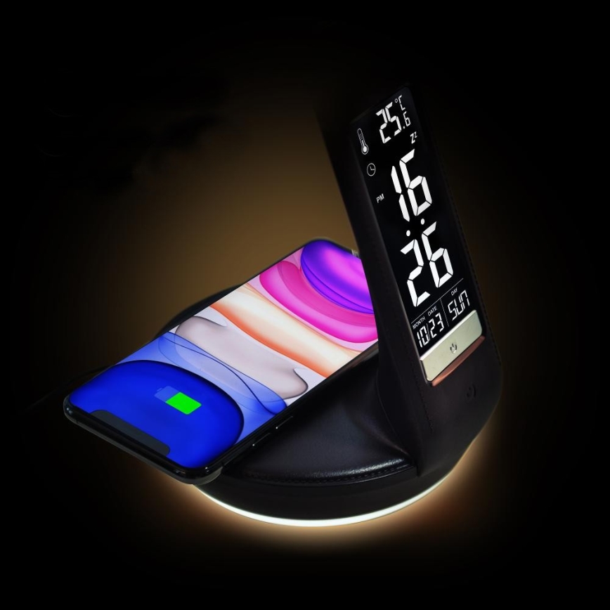 LED Димируема настолна лампа с безжично зареждане Qi 5W и дисплей LED/6W/230V/1xCR2032 3000/4000/6000K черен