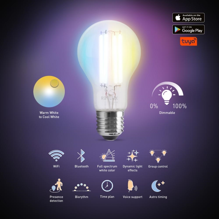 LED Димируема крушка FILAMENT A60 E27/7W/230V 2700-6500K Wi-Fi Tuya