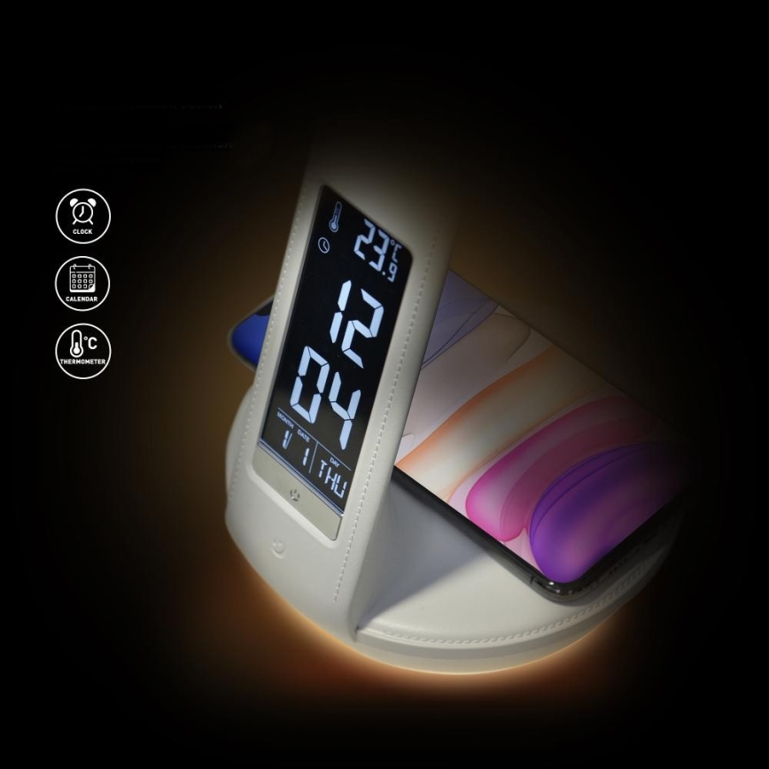 LED регулируема настолна лампа с безжично зареждане Qi 5W и дисплей LED/6W/230V/1xCR2032 3000/4000/6000K бяла