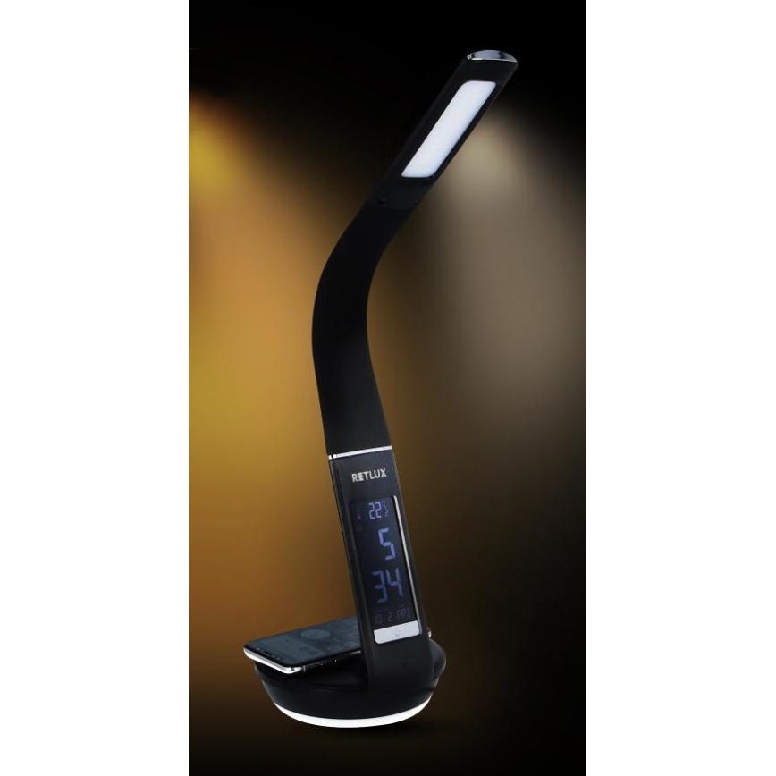 LED регулируема настолна лампа с безжично зареждане Qi 5W и дисплей LED/6W/230V/1xCR2032 3000/4000/6000K черна
