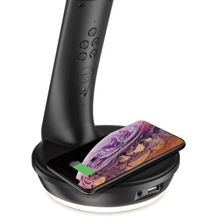 LED регулируема настолна лампа с безжично зареждане Qi 5W и дисплей LED/6W/230V/1xCR2032 3000/4000/6000K черна