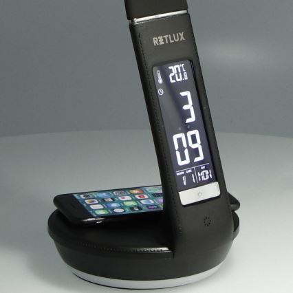 LED регулируема настолна лампа с безжично зареждане Qi 5W и дисплей LED/6W/230V/1xCR2032 3000/4000/6000K черна