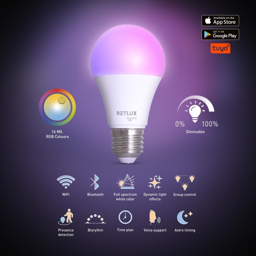 LED RGBW Димируема крушка A60 E27/9W/230V 2700-6500K Wi-Fi Tuya