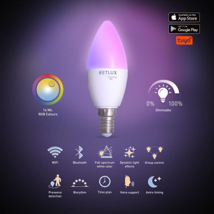 LED RGBW Димируема крушка C37 E14/4,5W/230V 2700-6500K Wi-Fi Tuya
