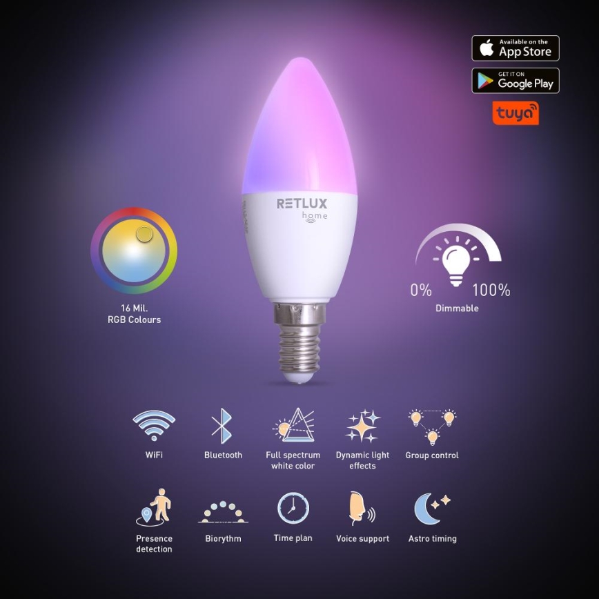LED RGBW Димируема крушка C37 E14/4,5W/230V 2700-6500K Wi-Fi Tuya