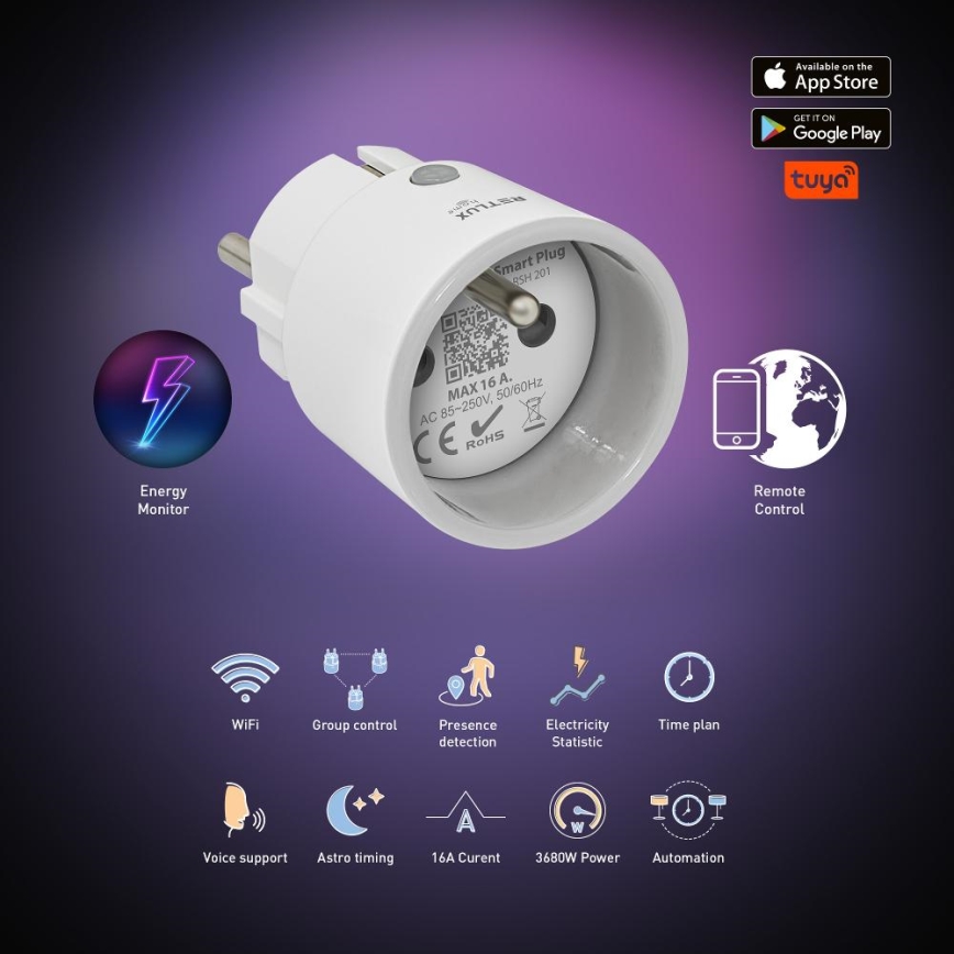 Смарт щепсел 3680W/230V/Тип E/16A Wi-Fi Tuya