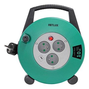 Retlux - Удължител на макара с 3 контакта, тип E, 10 м, зелен/черен