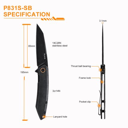 Ruike RUP831SSB - Сгъваем компактен нож 19,5 см черен