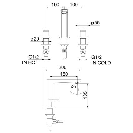 Sapho - 3-отворен смесител за мивка TURSI матов черен