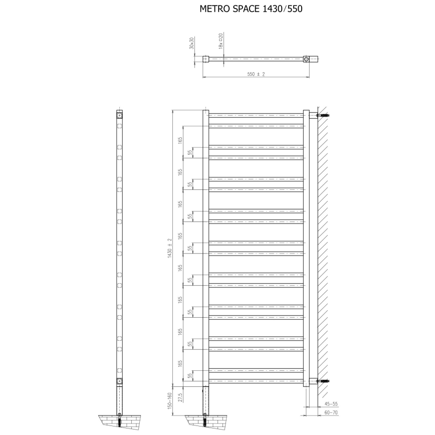 Sapho - Радиатор за баня METRO SPACE 525W 55x143 cm матово черно