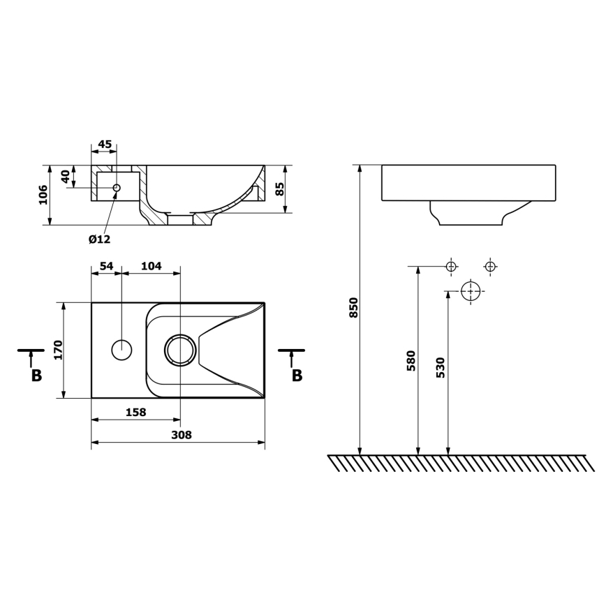 Sapho - Стенна мивка PICCOLINO 31x17 cm лява/леян мрамор/бяла