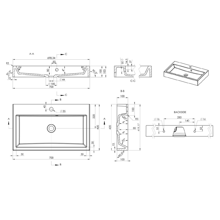 Sapho - Умивалник за плот ORINOKO 70x42 см мрамор/бяла