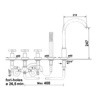 Sapho - Ванова батерия AXIA с 5 отвора, лъскав хром