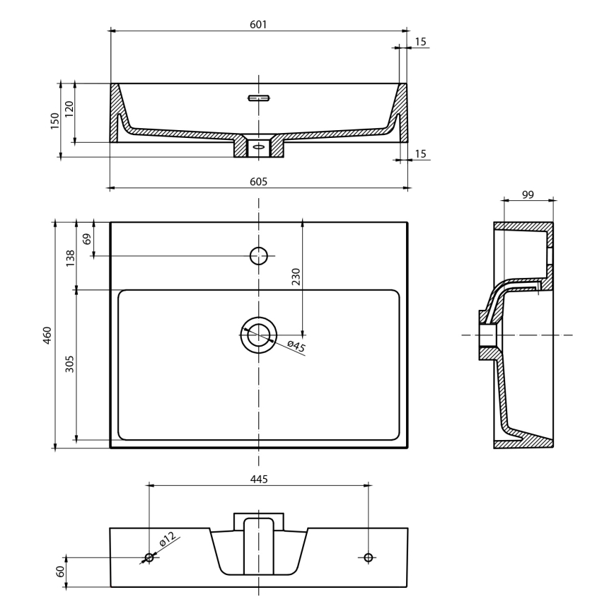Sapho - Висяща мивка AQUATIC 60 x 46 см керамика/бяла