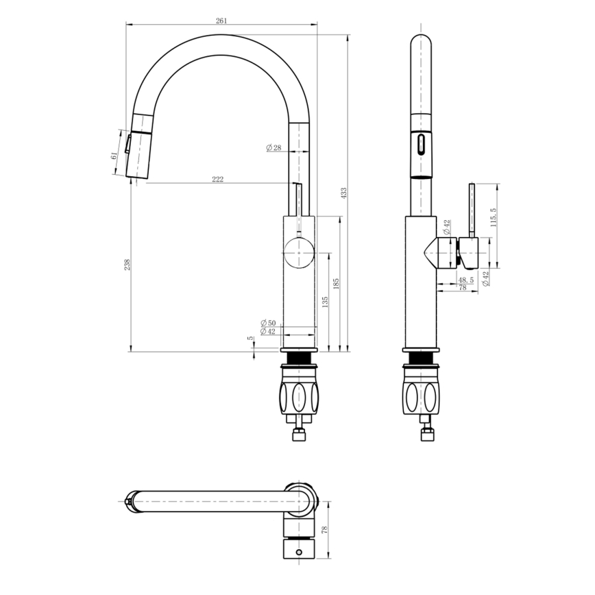 Sapho - Кран за мивка с издърпваща се пръскачка FLAWO матов черен