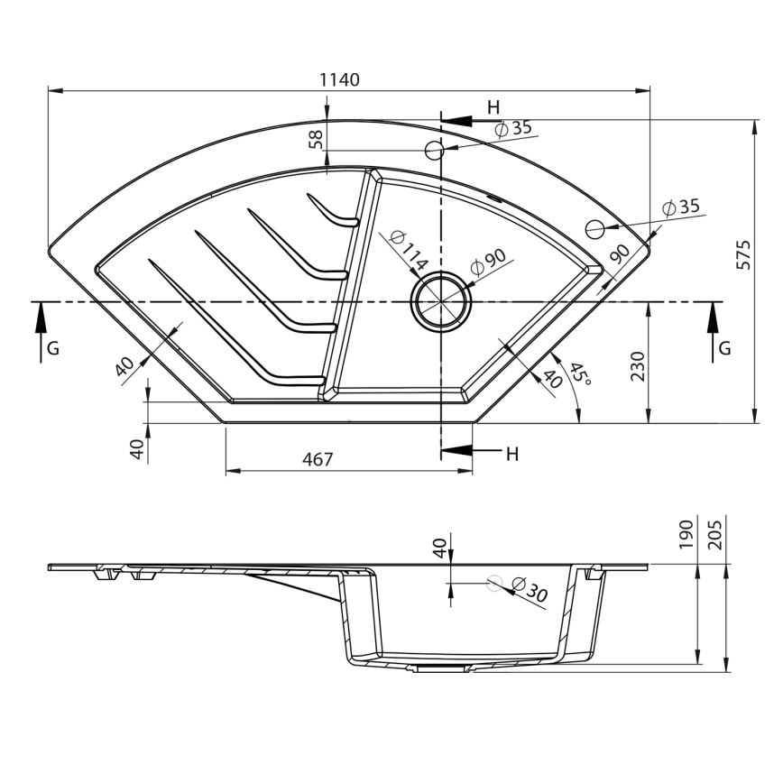 Sapho - Ъглова кухненска мивка 114x57,5 cm, гранит, черна