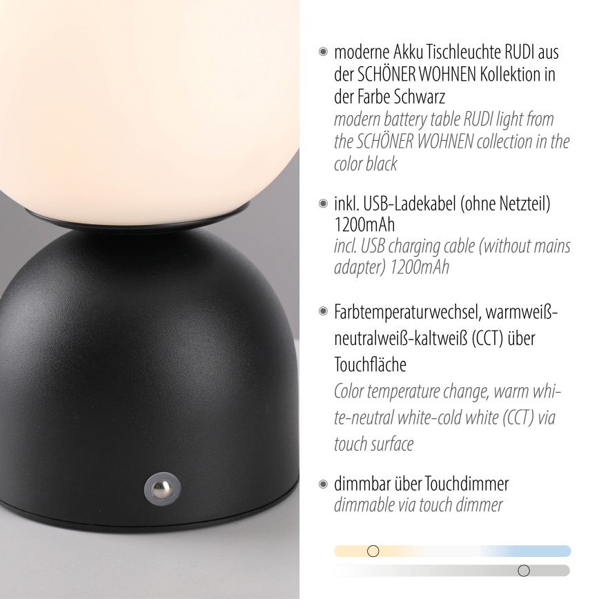 Schöner Wohnen 19218-18 - LED димируема сензорна презареждаема настолна лампа RUDI LED/1,2W/5V 3000-6000K 1200 mAh черна