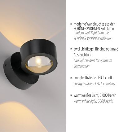 Schöner Wohnen 19331-18 - LED стенно осветително тяло CHIA 2xLED/2W/230V черно