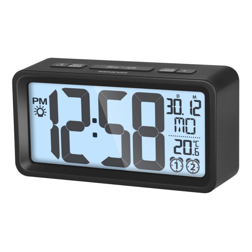 Sencor - Будилник с LCD дисплей и термометър 2xAAA черен
