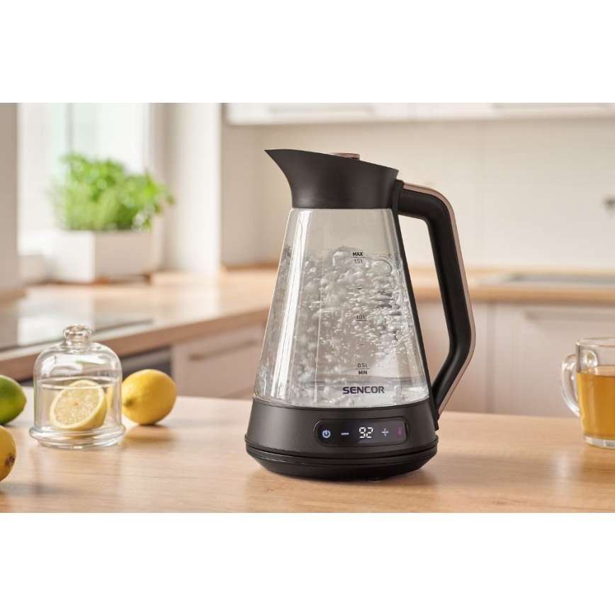 Sencor - Електрическа кана с терморегулация 1,5 l 2150W/230V черна/розово-златна