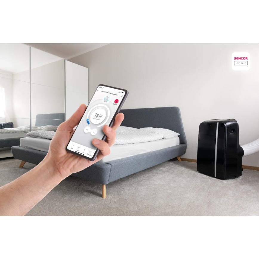 Sencor - Интелигентен мобилен климатик 3в1 включен пълен к-кт аксесоари 1450W/230V 12000 BTU Wi-Fi черен + дистанционно управление