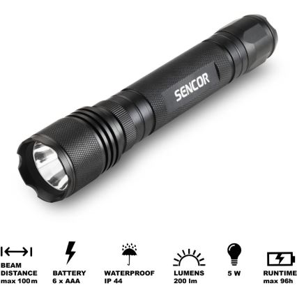 Sencor - LED Алуминиево фенерче LED/5W/6xAAA IP44 черен