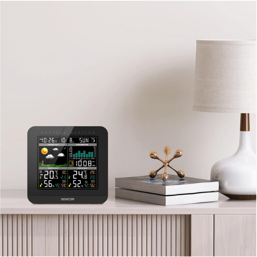 Sencor - Метеорологична станция с цветен LCD дисплей и будилник 3xAAA + 2x AA черен