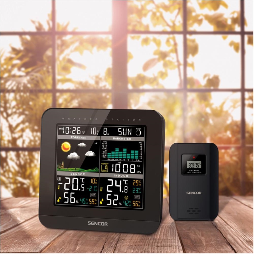 Sencor - Метеорологична станция с цветен LCD дисплей и будилник 3xAAA + 2x AA черен