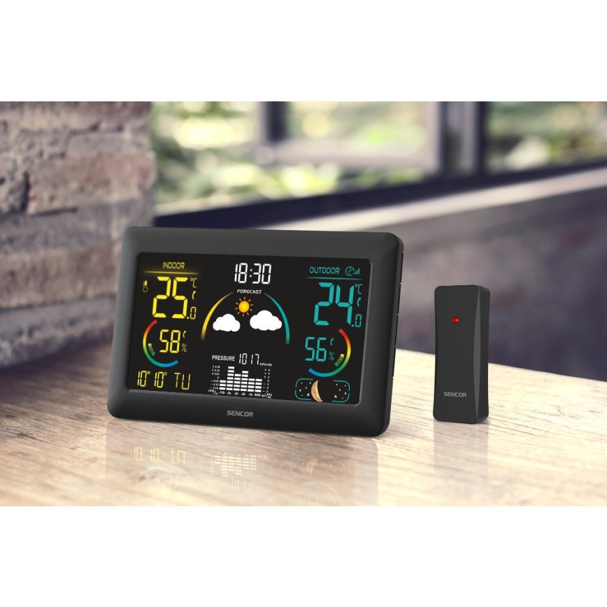 Sencor - Метеорологична станция с цветен LCD дисплей и будилник 5V 3xAA + 2xAA