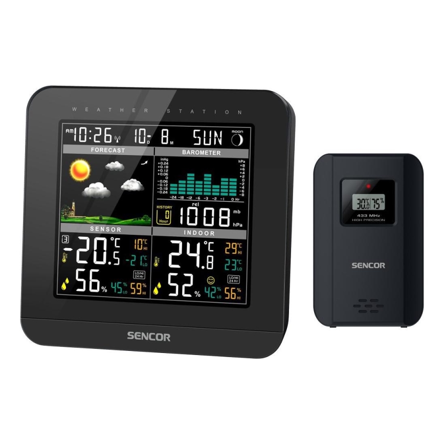Sencor - Метеорологична станция с цветен LCD дисплей и будилник 3xAAA + 2x AA черен