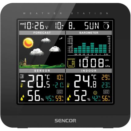 Sencor - Метеорологична станция с цветен LCD дисплей и будилник 3xAAA + 2x AA черен