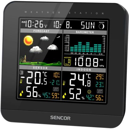 Sencor - Метеорологична станция с цветен LCD дисплей и будилник 3xAAA + 2x AA черен