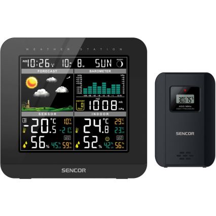 Sencor - Метеорологична станция с цветен LCD дисплей и будилник 3xAAA + 2x AA черен