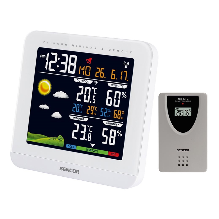 Sencor - Метеорологична станция с цветен LCD дисплей и будилник 3xAAA + 2xAAA бял