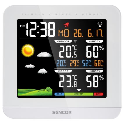 Sencor - Метеорологична станция с цветен LCD дисплей и будилник 3xAAA + 2xAAA бял