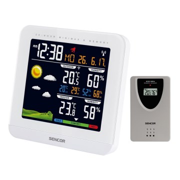 Sencor - Метеорологична станция с цветен LCD дисплей и будилник 3xAAA + 2xAAA бяла