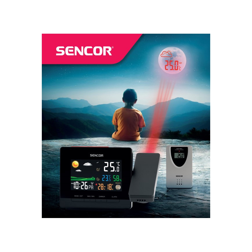 Sencor - Метеорологична станция с цвят LCD display, будилник и проектор 2xAA + 2xAAA