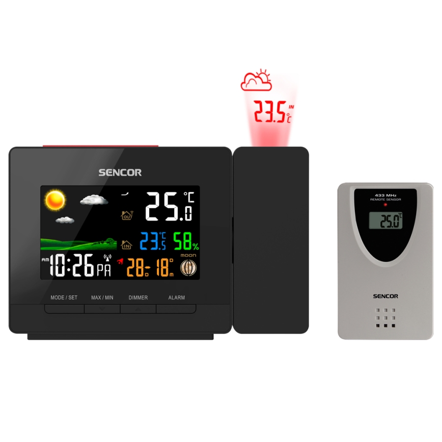 Sencor - Метеорологична станция с цвят LCD display, будилник и проектор 2xAA + 2xAAA