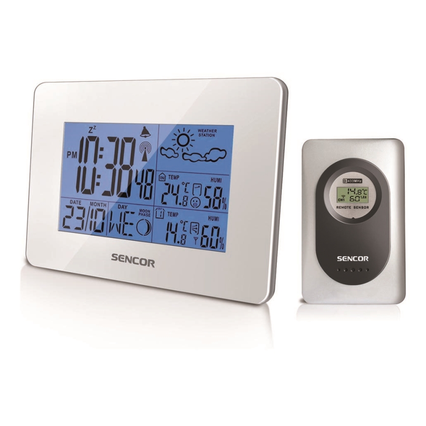 Sencor - Метеорологична станция с LCD дисплей и будилник 3xAA + 2xAAA бял