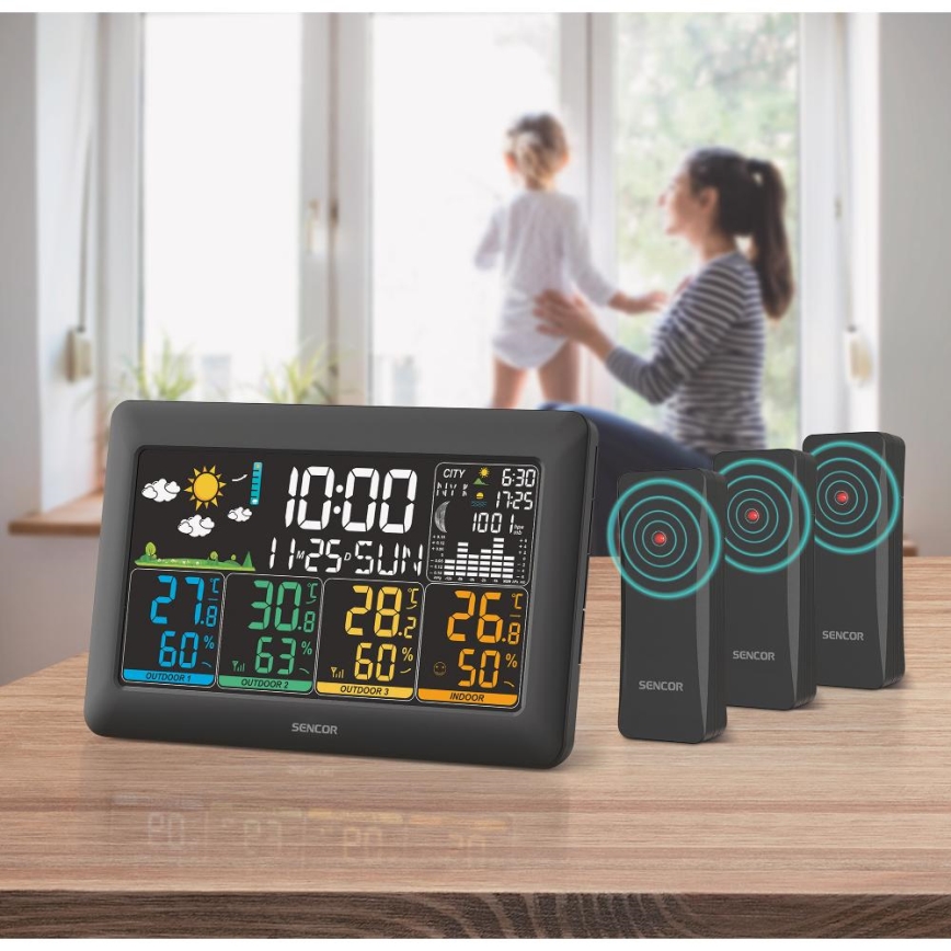 Sencor - Метеостанция с цветен LCD дисплей + 3 сензора 3xAA + 6xAA черна