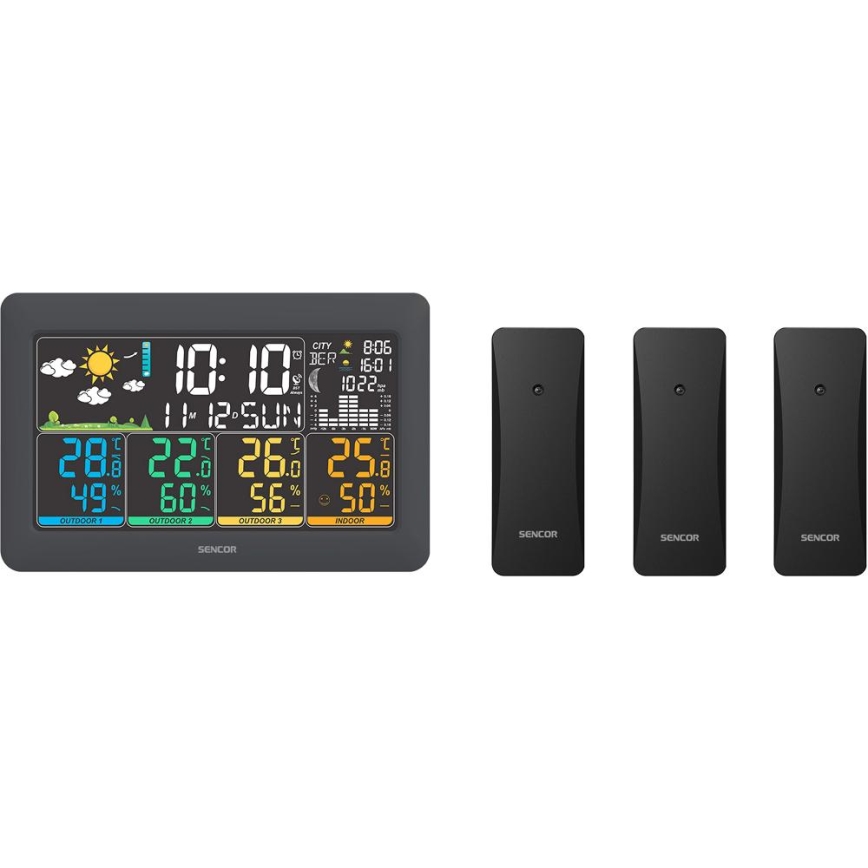 Sencor - Метеостанция с цветен LCD дисплей + 3 сензора 3xAA + 6xAA черна